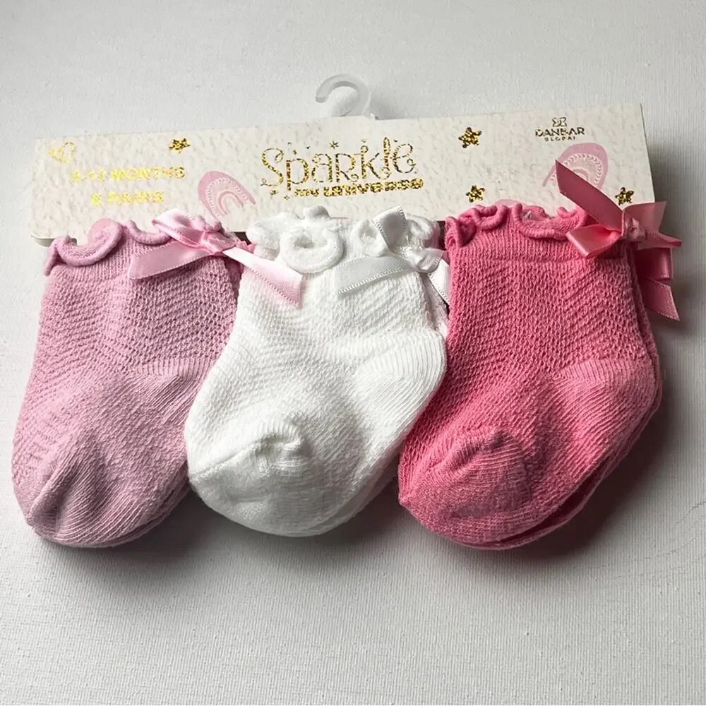 Sparkle My Universe Kids Bow Ankle Multi-pack Socks Sz 6-12 M Six Pairs